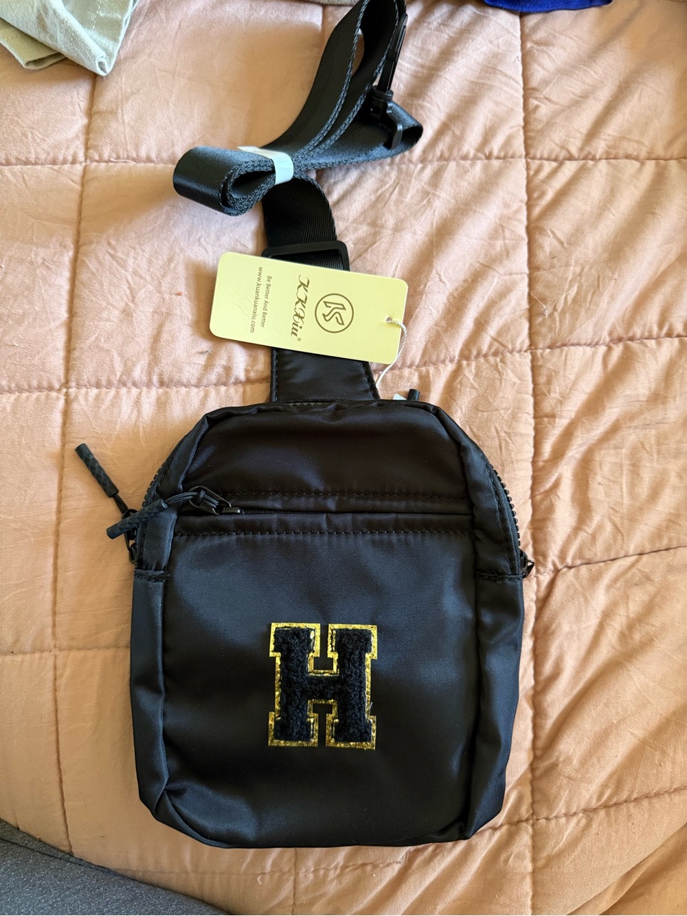 Black Crossbody Sling Bag with Gold 'H' Patch